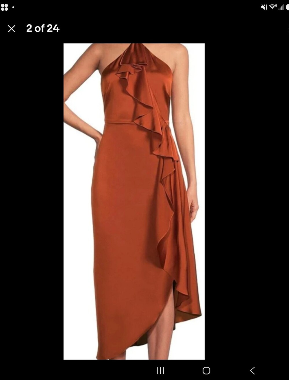 Badgley Mischka Rust Halter Ruffle High-Low Gown